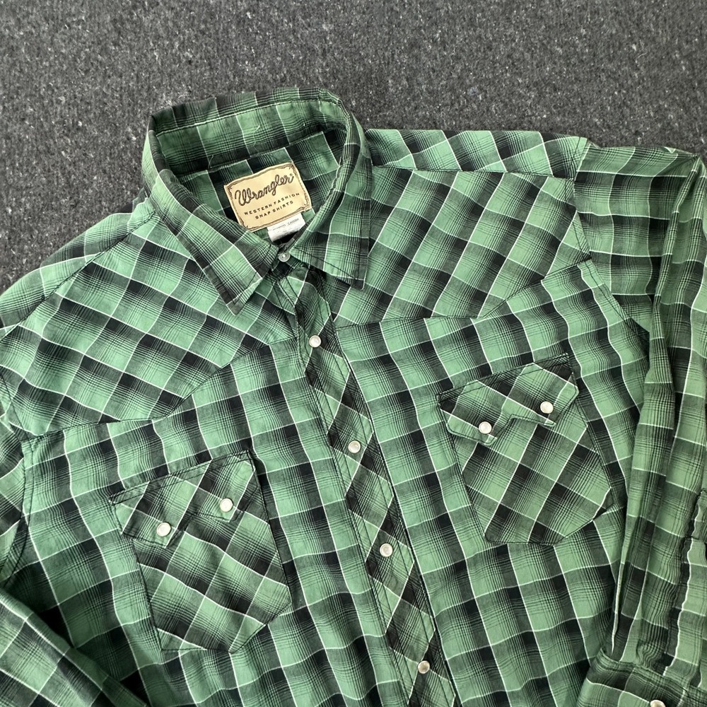 Wrangler Mens Western Snap Shirt 2XL Green Black Plaid Sawtooth Double Pocket